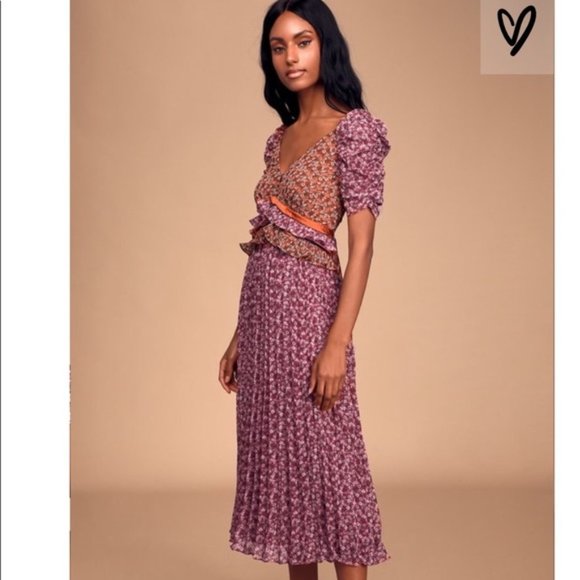 Lulus Dresses & Skirts - Affectionate Love Plum Floral Ruffle Midi Dress